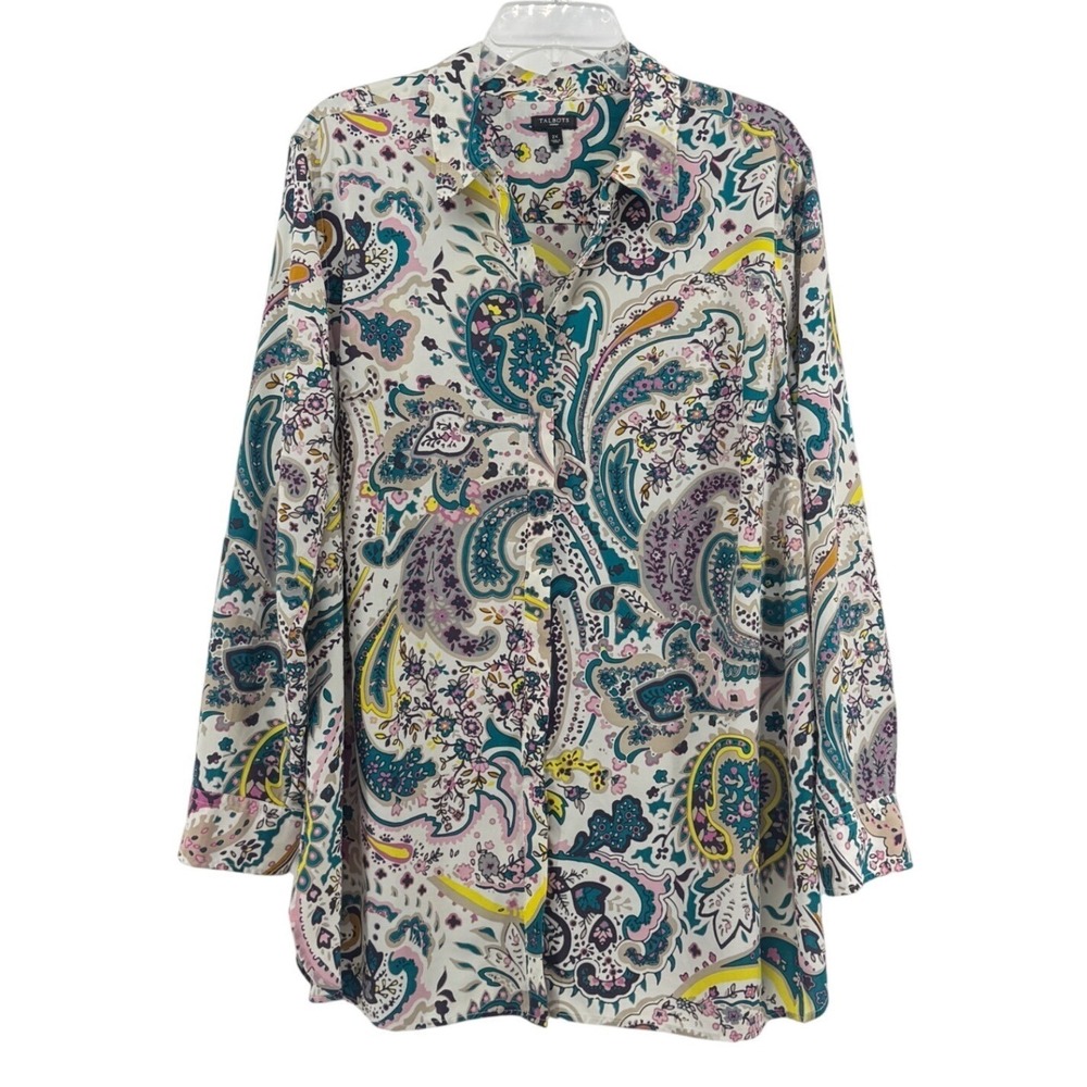 Talbots Top Womens 2X Paisley Long Sleeve Button Down Blouse Office Boho Plus